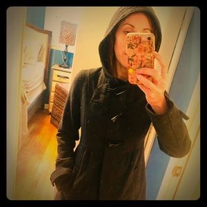 Grey pea coat with zipper, hood, pockets, toggles